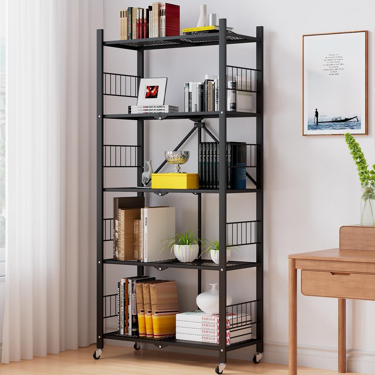 Folding Storage Shelves, 5-Tier/4-Tier/3-Tier Metal Collapsible Shelves with Wheels, Shelving Units and Storage Rack, Rolling Shelf No Assemble.
